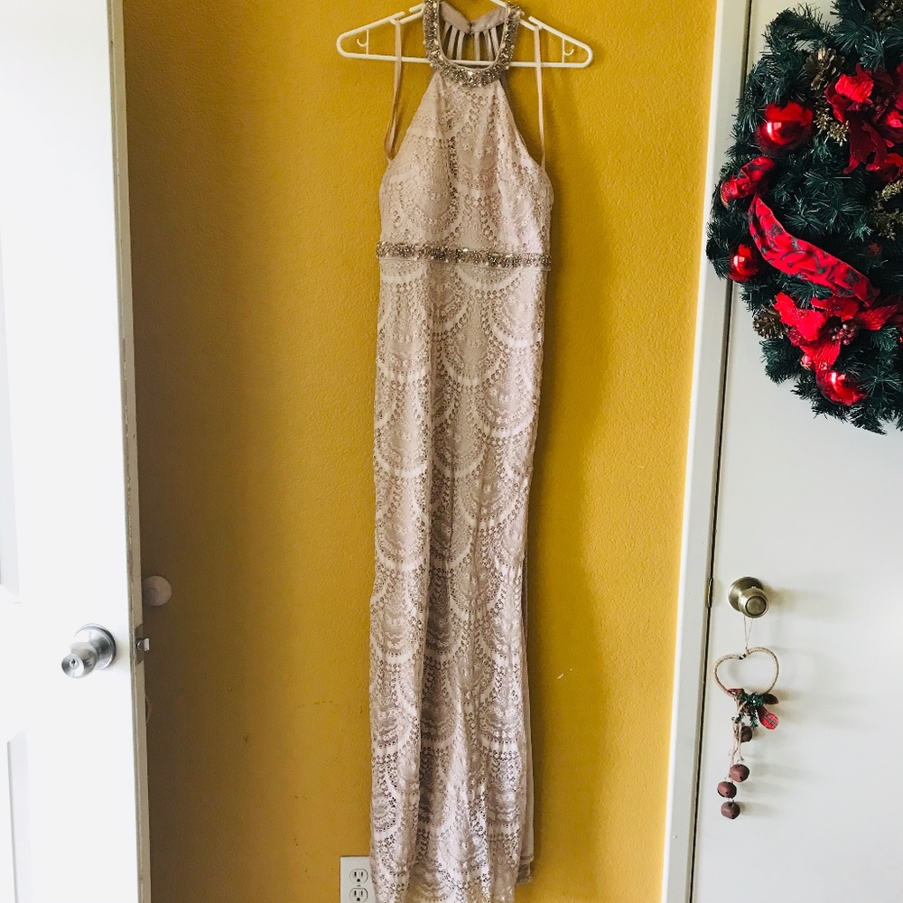 ✨ Sequin Hearts Beige open slit long dress - EUC ✨